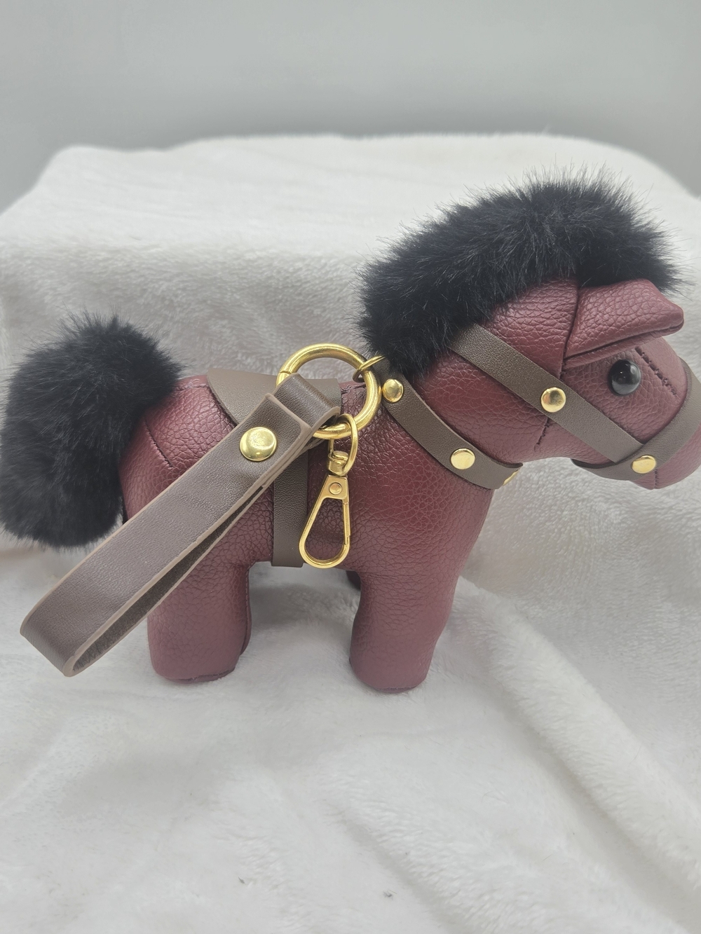 Plush Pony Keychain Bag Charm - Burgundy with Black Fur Large 3D